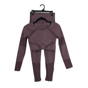 Set Seamless Burgundy Long Sleeve Crop Top & Leggings For Exercise Womens